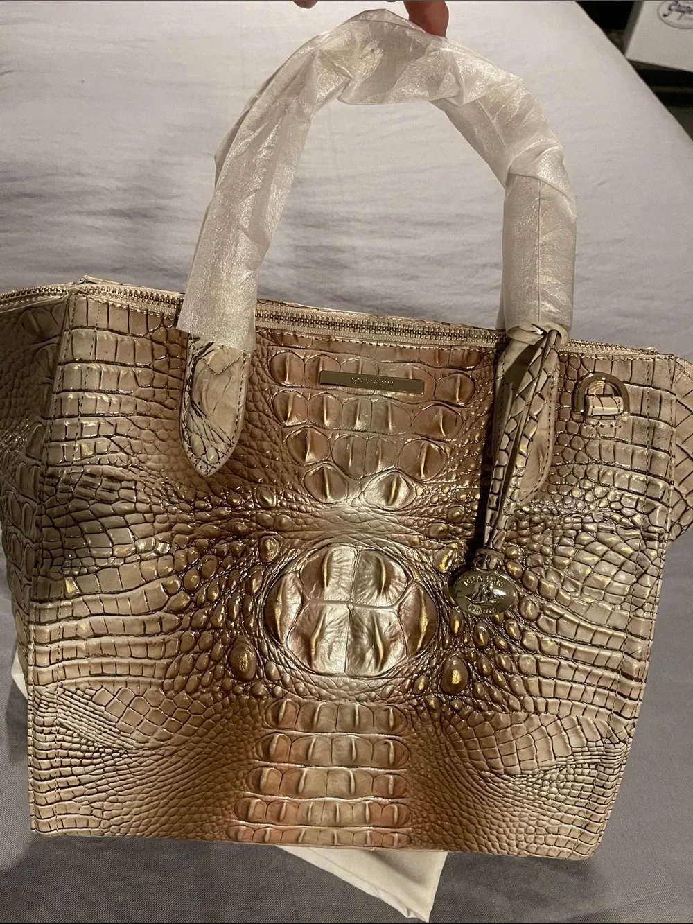 Brahmin Metallic Brown Croc-Embossed Leather Satchel